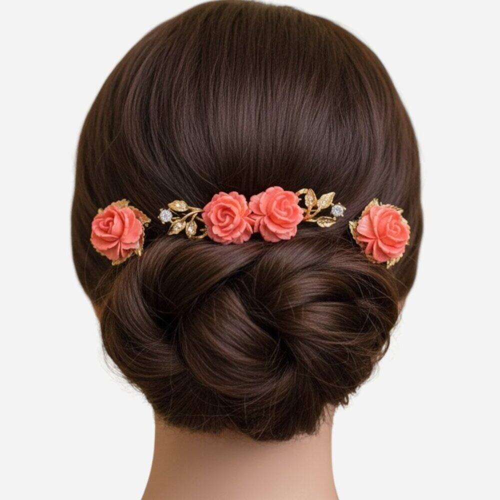 Bridal Hair Comb Coral Rose Floral Vintage Jewelry Wedding Hair Piece Set
